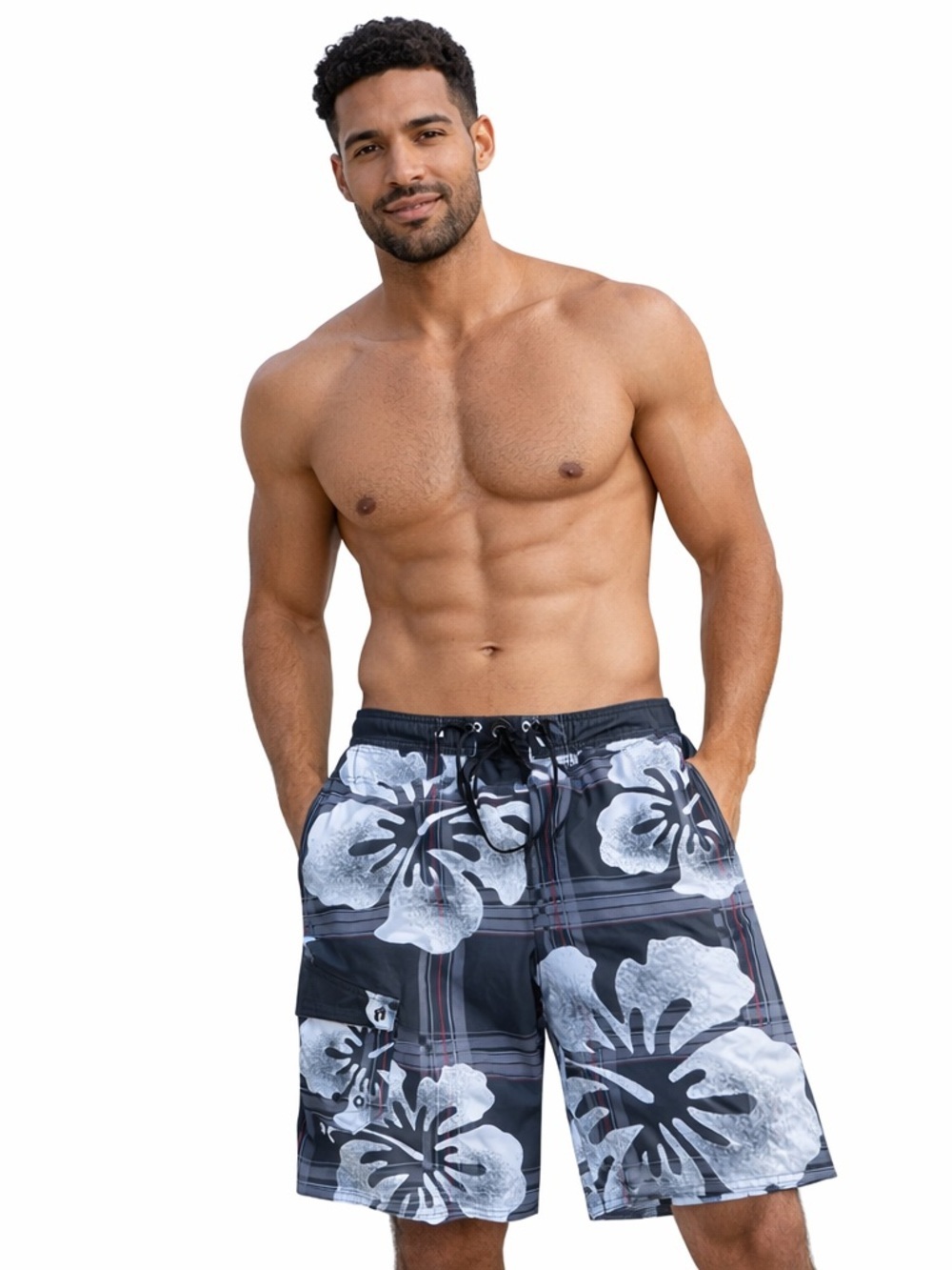 Hang Ten Men’s Multi-Blue Hawaiian Floral Design, Board Shorts w/pocket, M